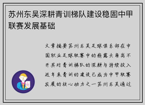 苏州东吴深耕青训梯队建设稳固中甲联赛发展基础