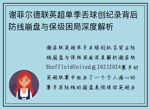 谢菲尔德联英超单季丢球创纪录背后防线崩盘与保级困局深度解析